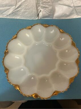 Vintage Anchor Hocking White Milk Glass with Gold Rim Egg Tray Serving Dish